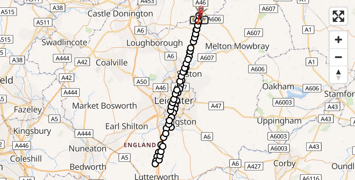Flight route Air Ambulance Helicopter Rushcliffe - Nottingham Heliport, 28 May 2026, 07:40