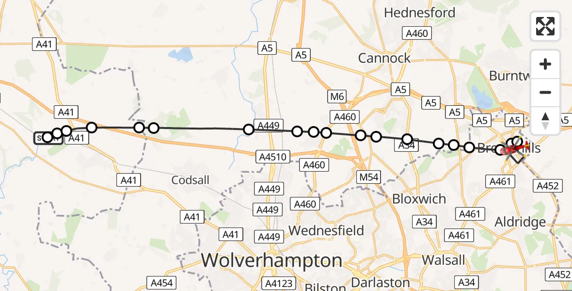 Flight route Air Ambulance Helicopter RAF Cosford - Brownhills, 28 May 2026, 07:44
