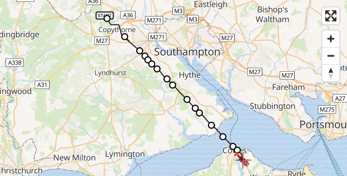 Flight route Air Ambulance Helicopter Wellow - East Cowes, 28 May 2026, 07:56