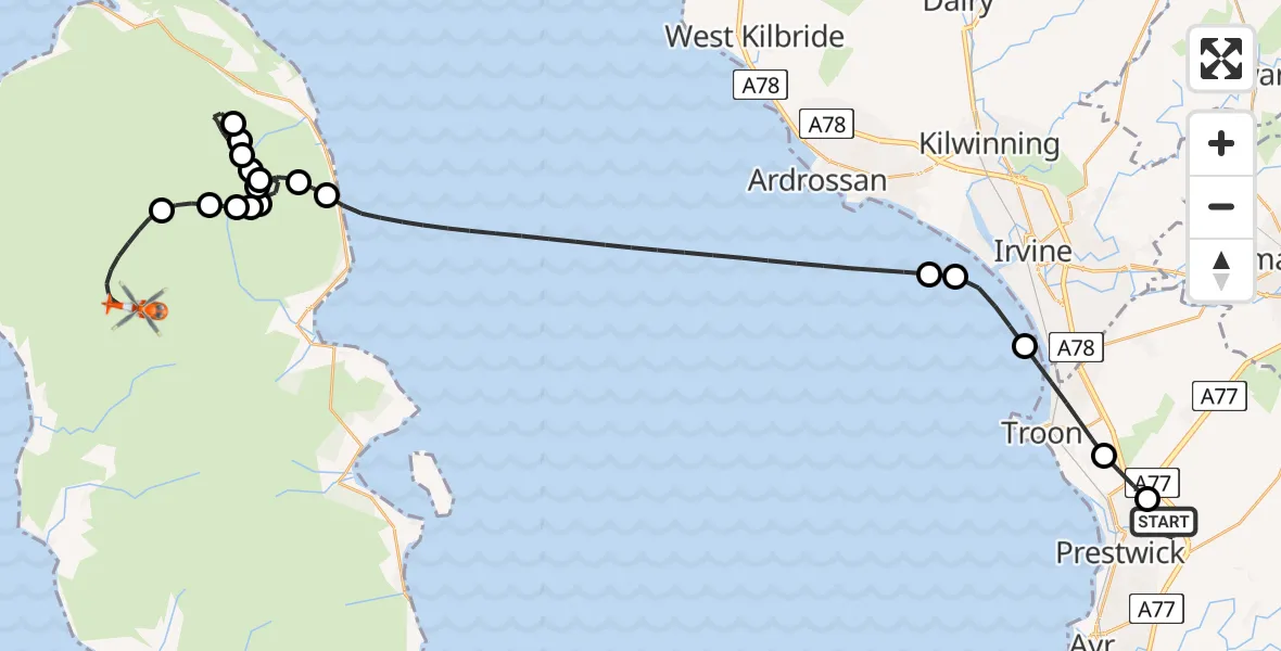 Flight route Coastguard Helicopter Glasgow Prestwick Airport - North Ayrshire, 28 May 2026, 08:09