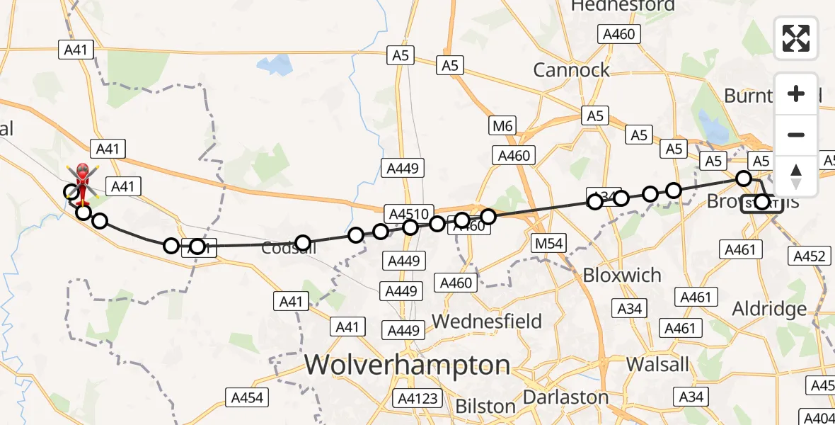 Flight route Air Ambulance Helicopter Brownhills - Tong, 28 May 2026, 08:24