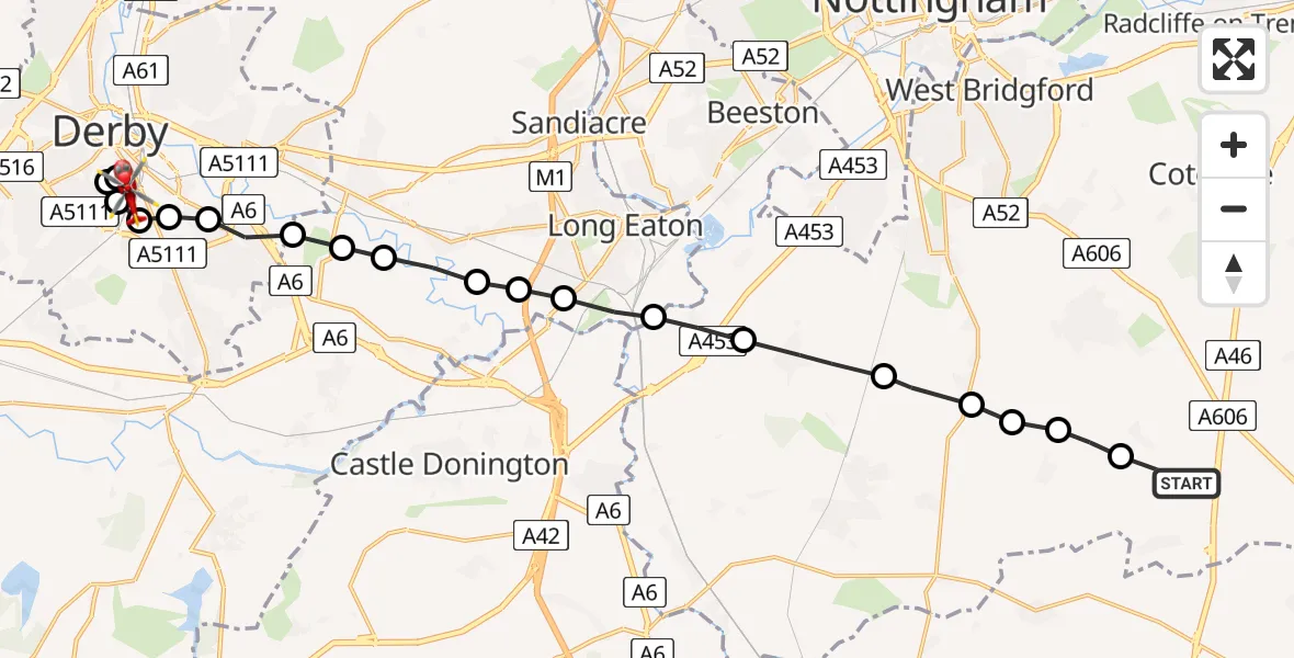 Flight route Air Ambulance Helicopter Widmerpool - Osmaston, 28 May 2026, 08:34