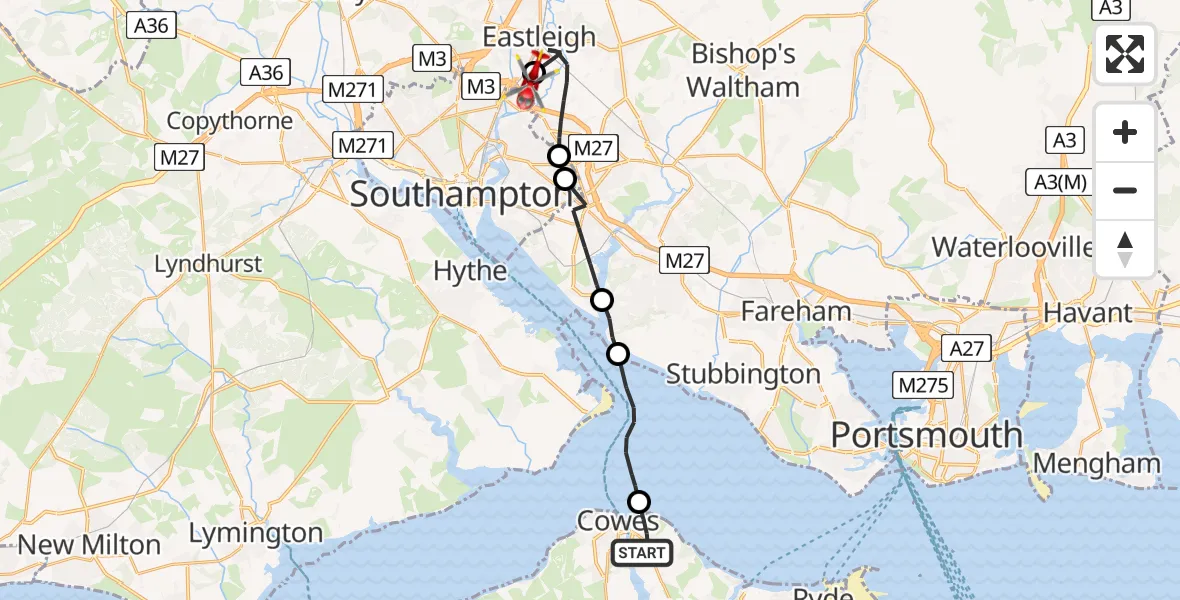 Flight route Air Ambulance Helicopter East Cowes - Southampton Airport, 28 May 2026, 08:39