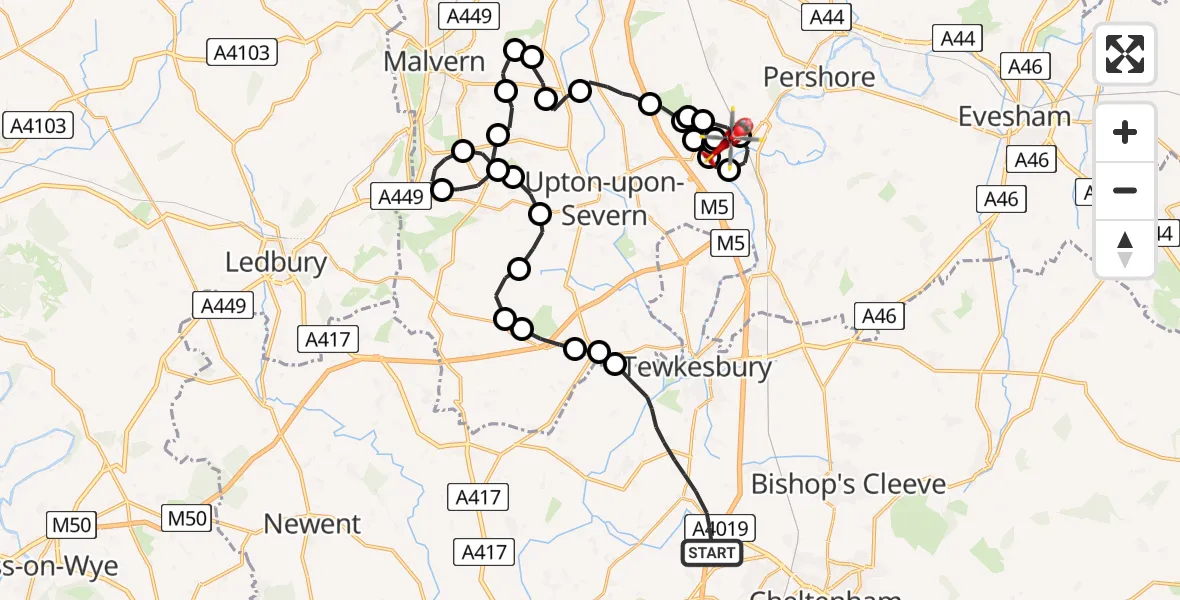 Flight route Air Ambulance Helicopter Tewkesbury - Defford, 28 May 2026, 08:42
