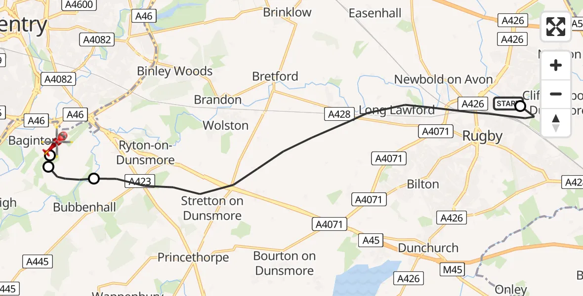 Flight route Air Ambulance Helicopter Rugby - Coventry Airport, 28 May 2026, 08:44