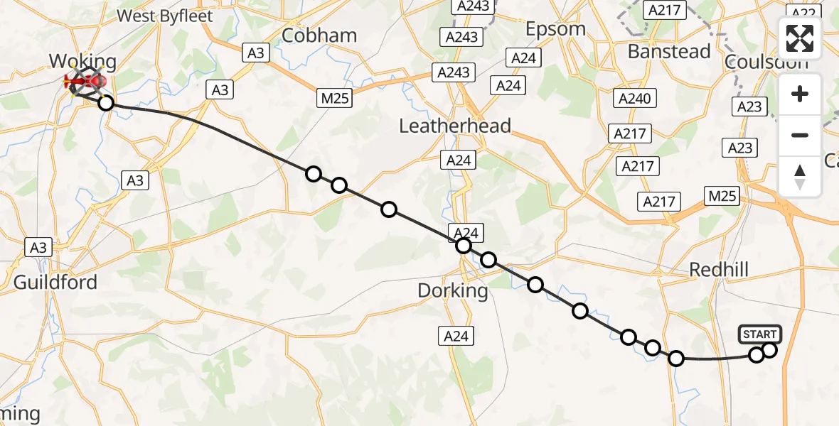 Flight route Air Ambulance Helicopter Redhill Aerodrome - Woking, 28 May 2026, 08:51