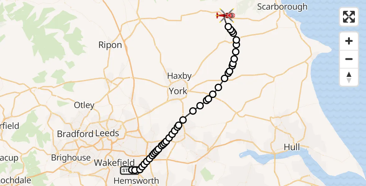 Flight route Air Ambulance Helicopter YAA Nostell Helicopter Port - Pickering, 28 May 2026, 08:51