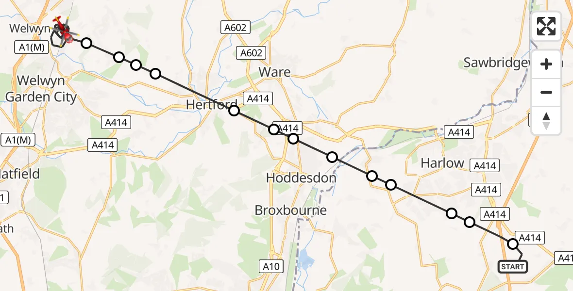 Flight route Air Ambulance Helicopter North Weald Airfield - Welwyn, 28 May 2026, 08:52
