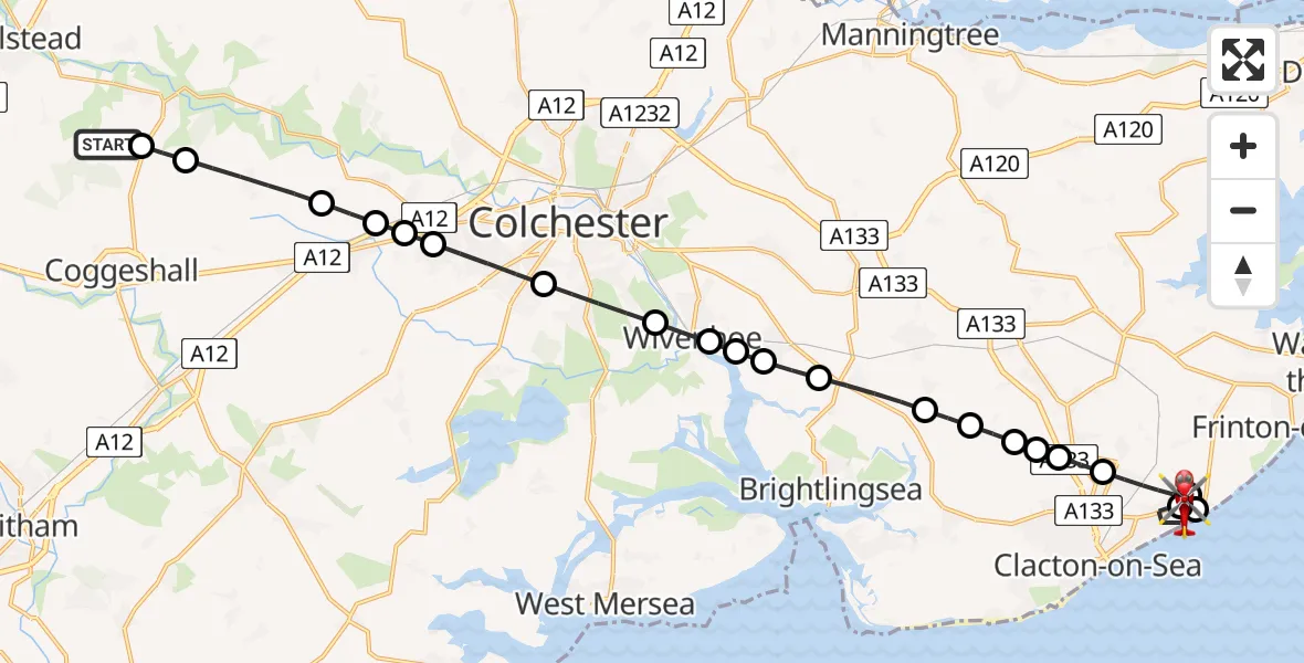 Flight route Air Ambulance Helicopter Earls Colne Airfield - Tendring, 28 May 2026, 08:55