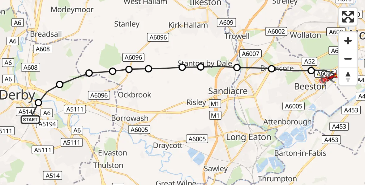 Flight route Air Ambulance Helicopter Osmaston - Beeston, 28 May 2026, 09:08