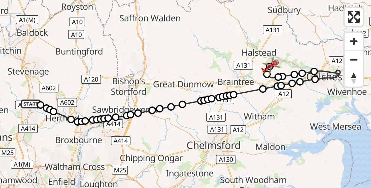 Flight route Air Ambulance Helicopter Welwyn - Earls Colne Airfield, 28 May 2026, 09:14