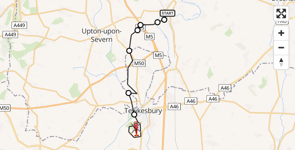 Flight route Air Ambulance Helicopter Defford - Tewkesbury, 28 May 2026, 09:16
