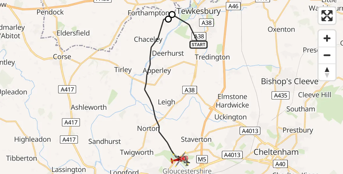 Flight route Air Ambulance Helicopter Tewkesbury - Gloucestershire Airport, 28 May 2026, 09:26