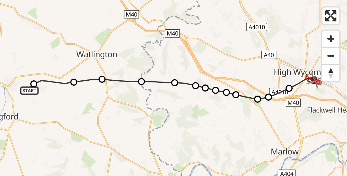 Flight route Air Ambulance Helicopter RAF Benson - High Wycombe, 28 May 2026, 09:33