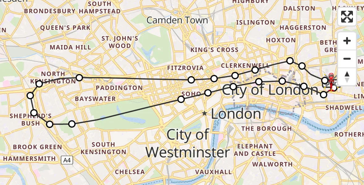 Flight route Air Ambulance Helicopter Royal London Hospital - Royal London Hospital, 28 May 2026, 09:40