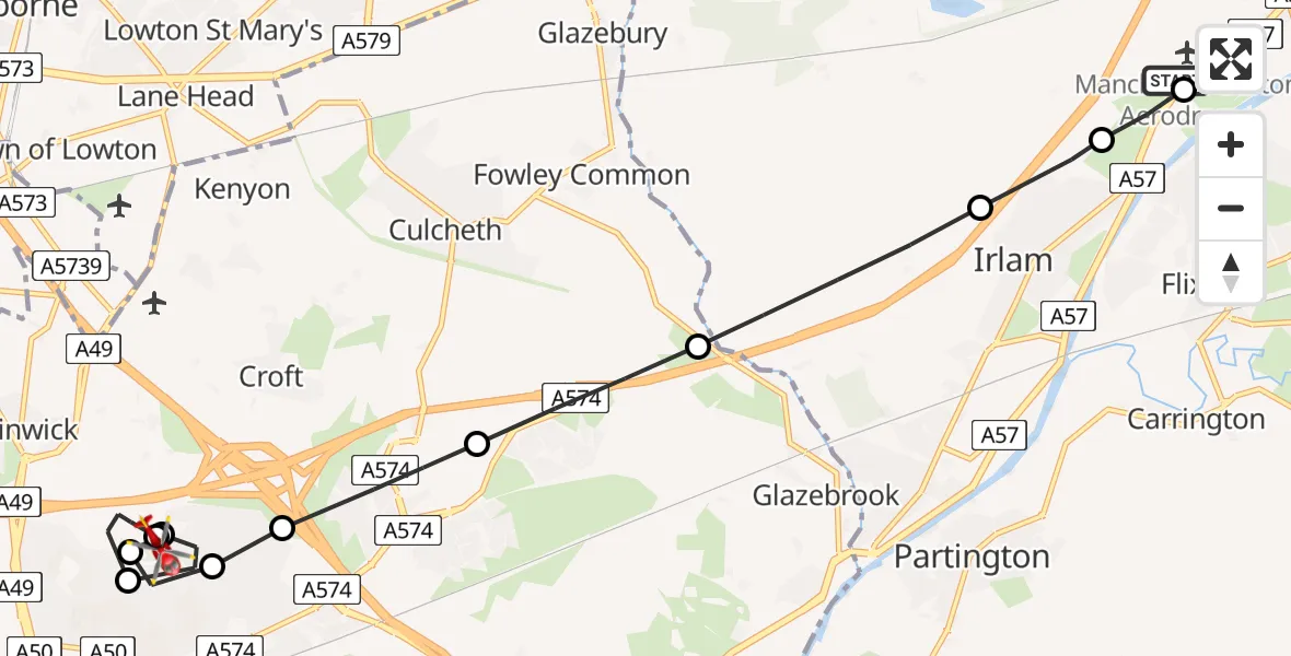 Flight route Air Ambulance Helicopter Manchester Barton Aerodrome - Winwick, 28 May 2026, 09:41