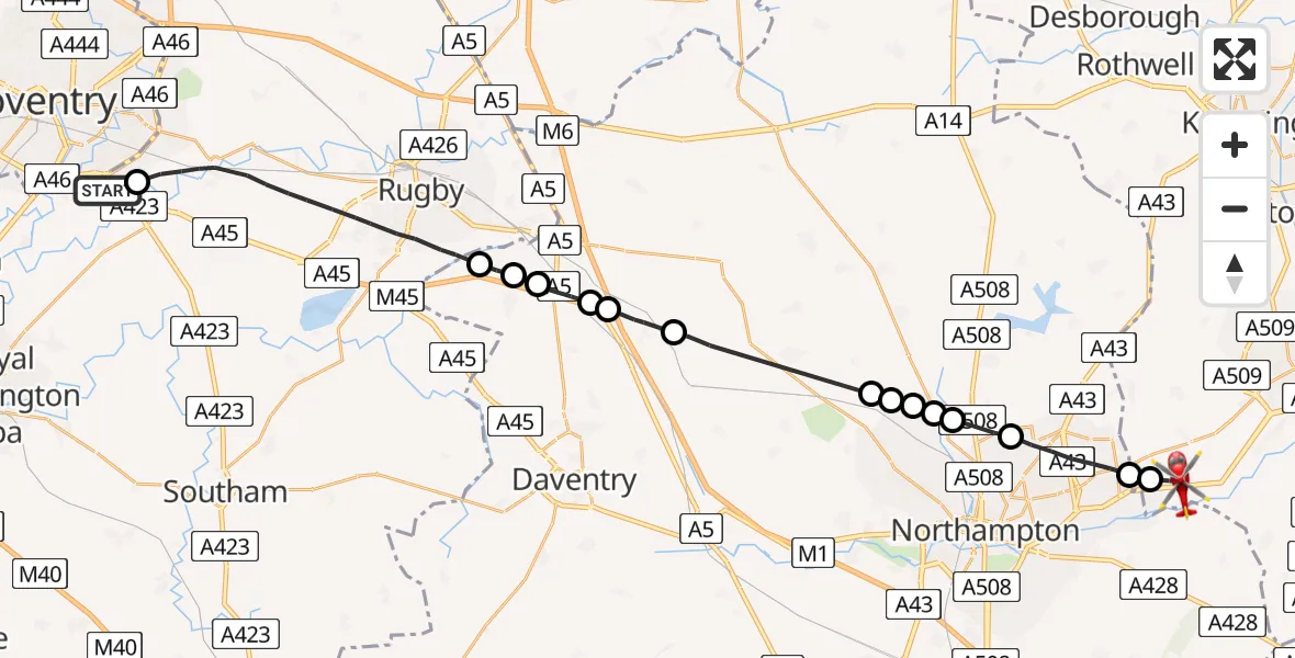 Flight route Air Ambulance Helicopter Coventry Airport - Ecton, 28 May 2026, 09:43