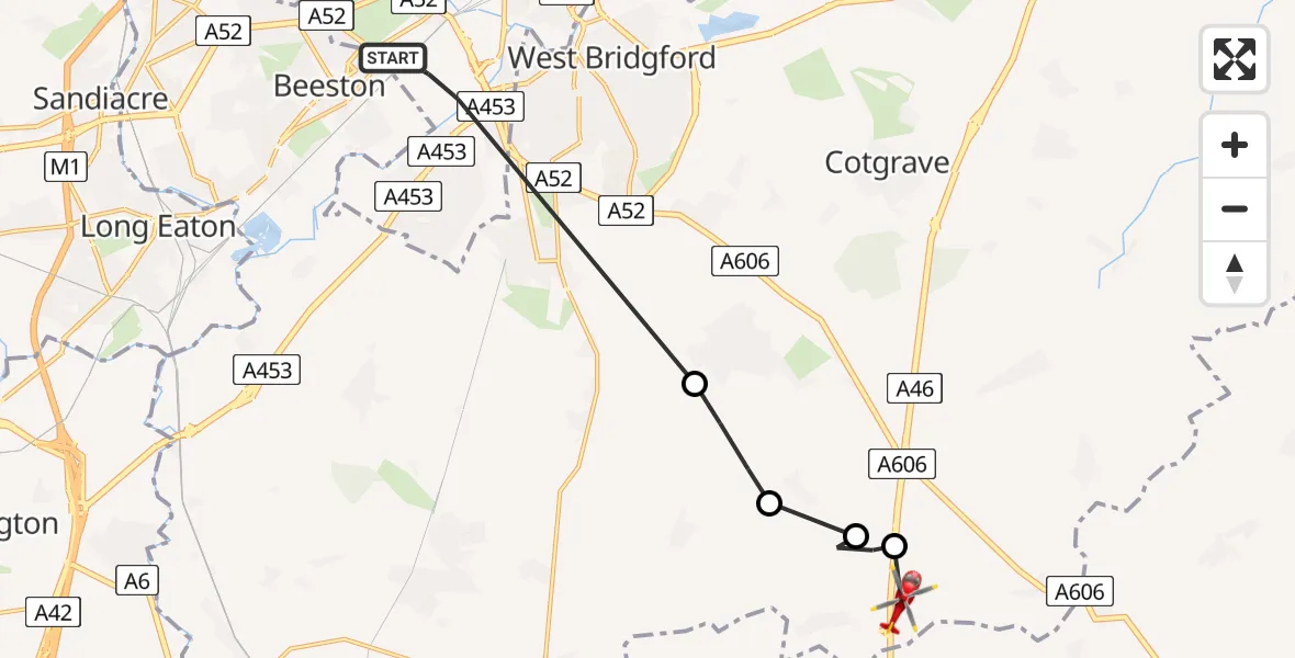 Flight route Air Ambulance Helicopter City of Nottingham - Rushcliffe, 28 May 2026, 09:49