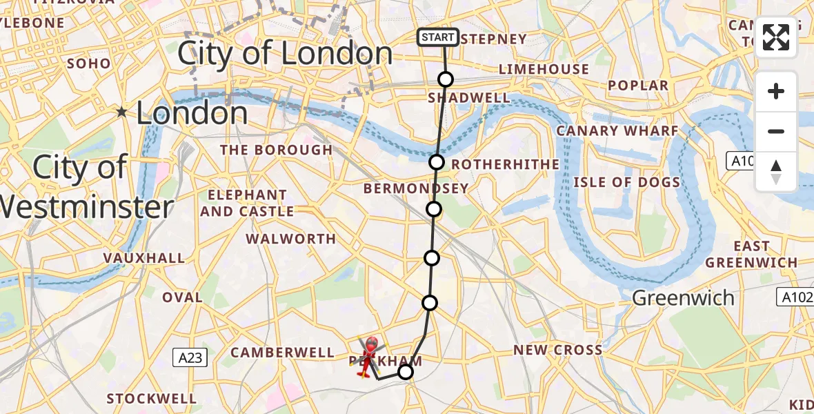 Flight route Air Ambulance Helicopter Royal London Hospital - Peckham, 28 May 2026, 09:58