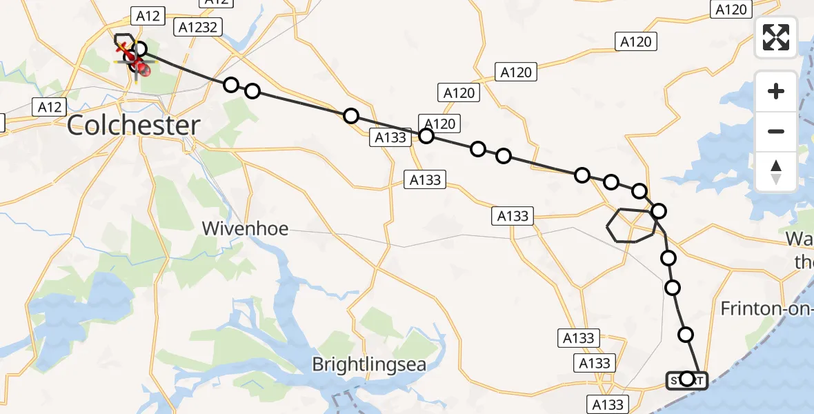 Flight route Air Ambulance Helicopter Clacton-on-Sea - Colchester Hospital, 28 May 2026, 10:16