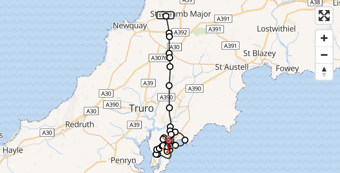 Flight route Air Ambulance Helicopter Cornwall Airport Newquay - Trewithian, 28 May 2026, 10:20