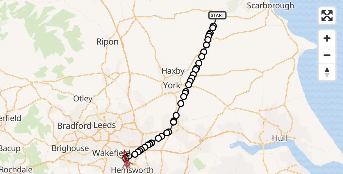 Flight route Air Ambulance Helicopter Pickering - YAA Nostell Helicopter Port, 28 May 2026, 10:39