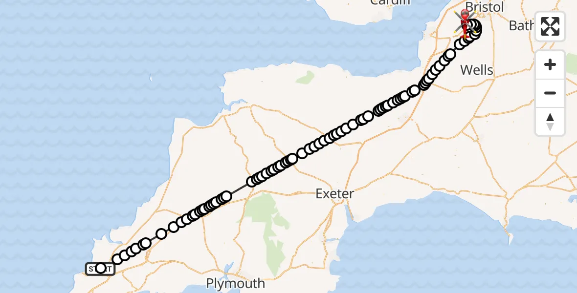 Flight route Air Ambulance Helicopter Cornwall Airport Newquay - Bristol Airport, 28 May 2026, 10:39