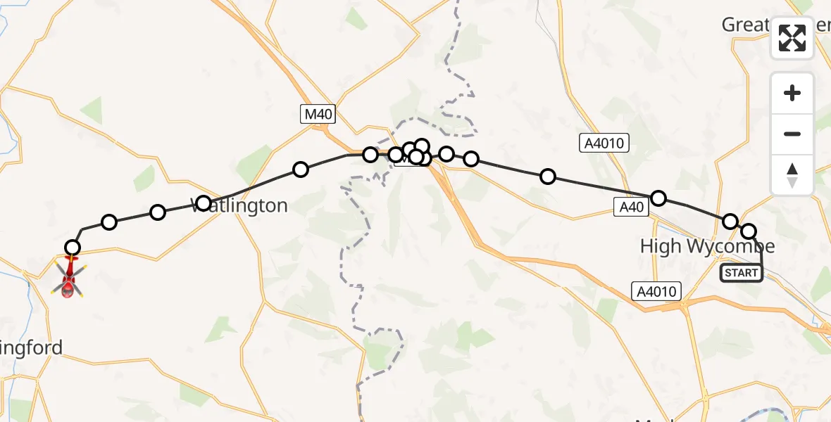 Flight route Air Ambulance Helicopter High Wycombe - RAF Benson, 28 May 2026, 10:46