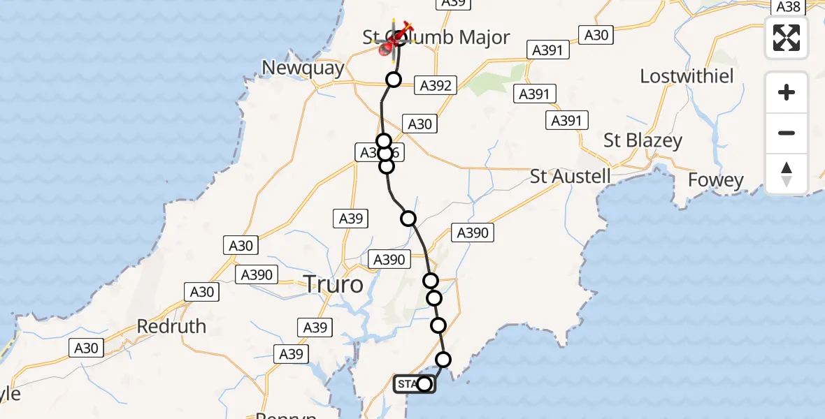 Flight route Air Ambulance Helicopter Trewithian - Cornwall Airport Newquay, 28 May 2026, 10:49