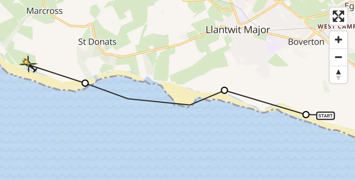 Flight route Police Helicopter Llantwit Major - St. Donats, 28 May 2026, 10:49