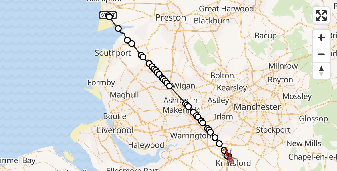 Flight route Air Ambulance Helicopter Blackpool Airport - Mere, 28 May 2026, 10:56