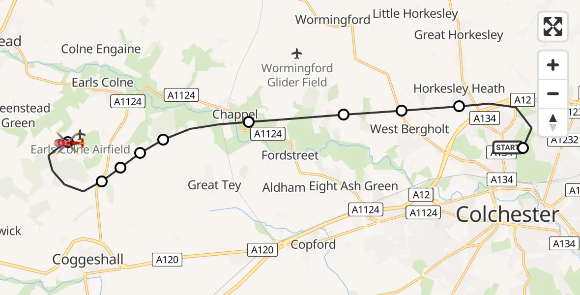 Flight route Air Ambulance Helicopter Colchester Hospital - Earls Colne Airfield, 28 May 2026, 11:01