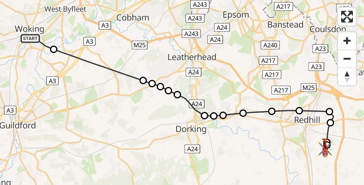 Flight route Air Ambulance Helicopter Woking - Redhill Aerodrome, 28 May 2026, 11:02