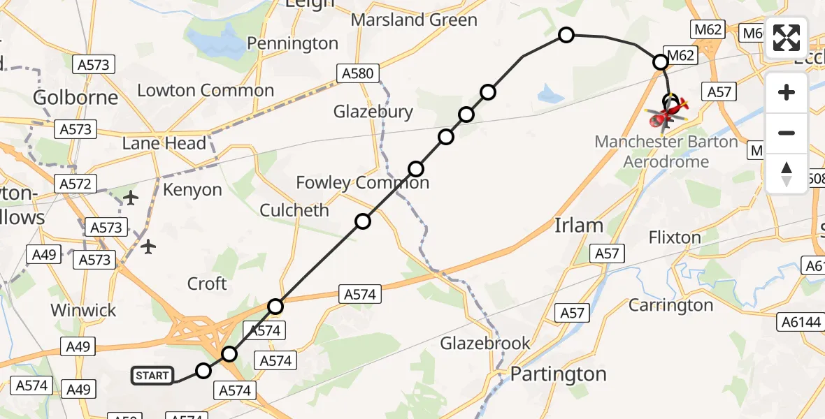 Flight route Air Ambulance Helicopter Winwick - Manchester Barton Aerodrome, 28 May 2026, 11:21