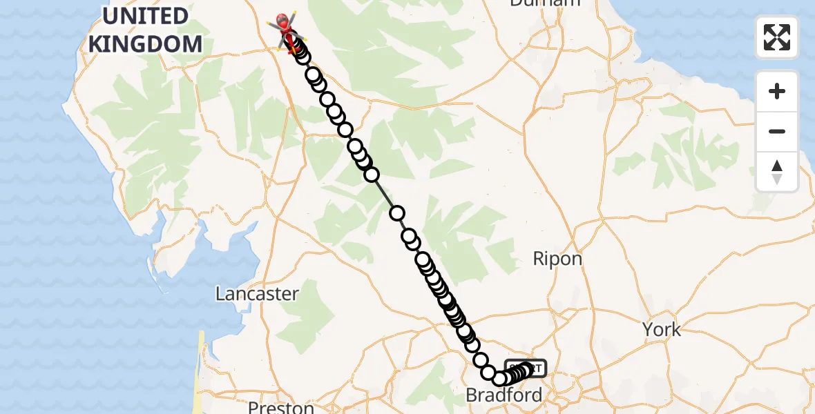 Flight route Air Ambulance Helicopter Leeds Bradford Airport - Langwathby, 28 May 2026, 11:30