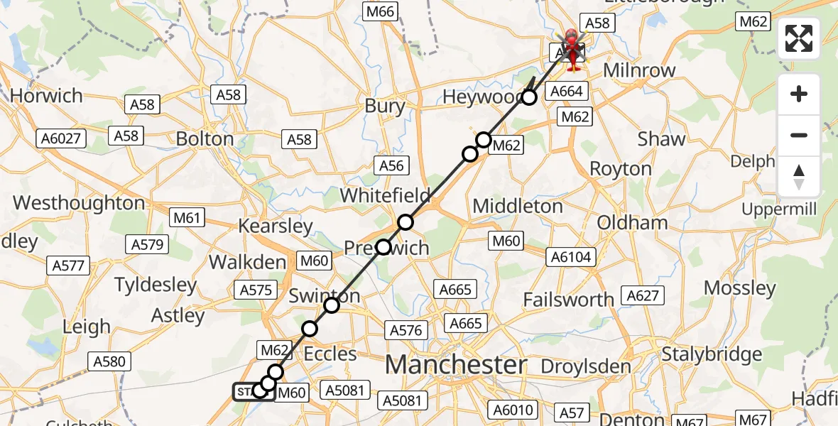 Flight route Air Ambulance Helicopter Manchester Barton Aerodrome - Rochdale, 28 May 2026, 11:36