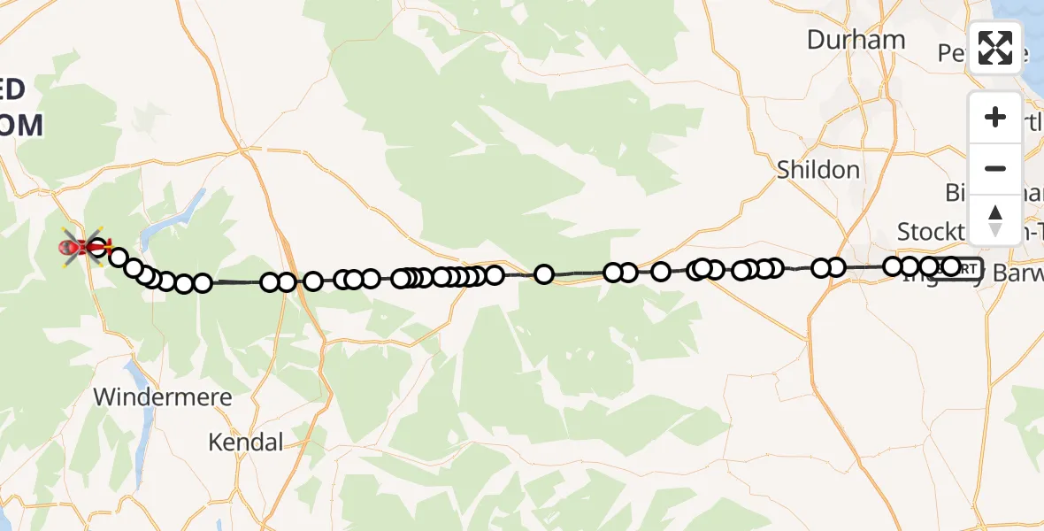 Flight route Air Ambulance Helicopter Egglescliffe - Legburthwaite, 28 May 2026, 11:45