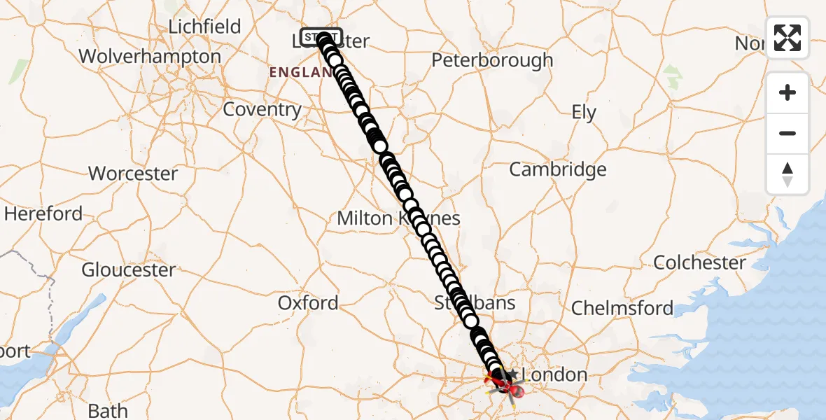 Flight route Air Ambulance Helicopter New Parks - London Heliport, 28 May 2026, 11:54
