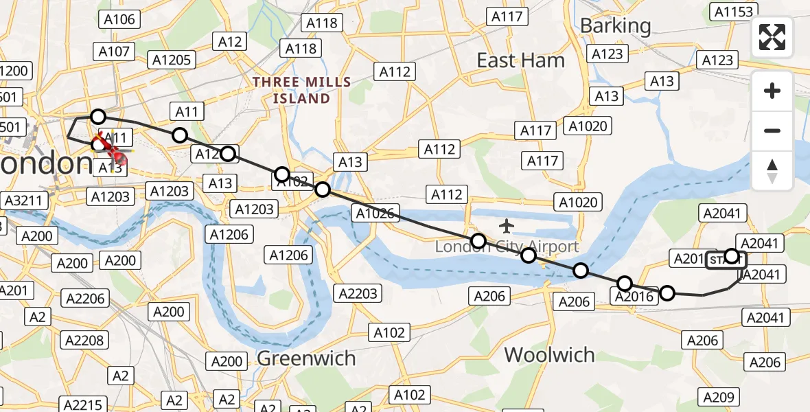 Flight route Air Ambulance Helicopter Thamesmead - Royal London Hospital, 28 May 2026, 12:05