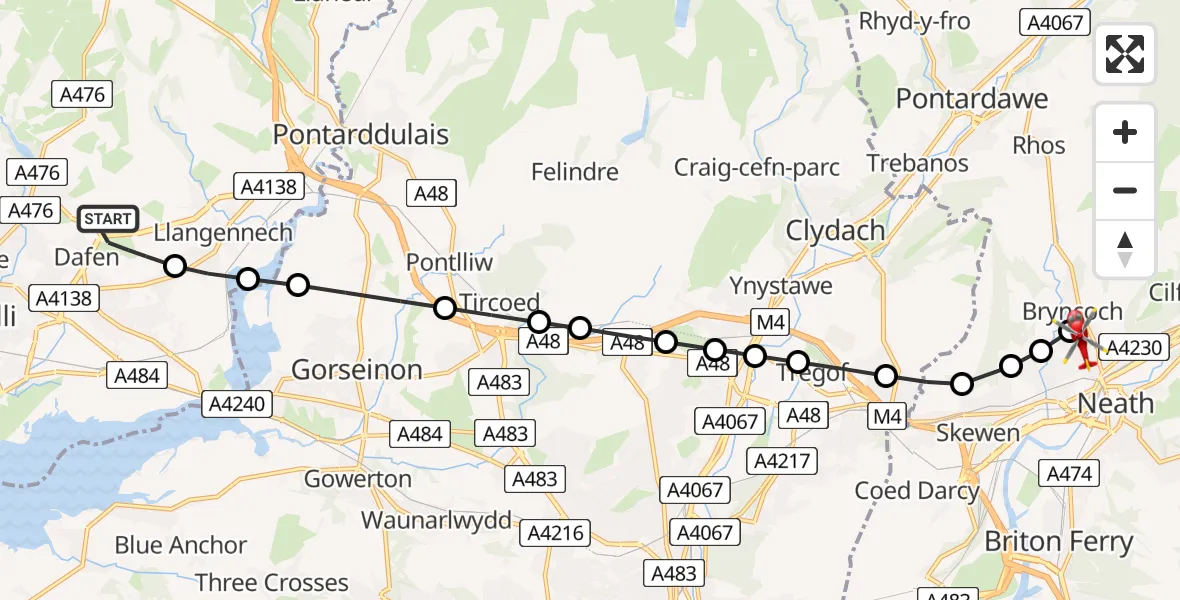 Flight route Air Ambulance Helicopter Dafen - Cadoxton-juxta-Neath, 28 May 2026, 12:07