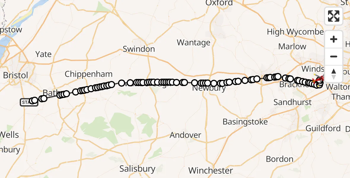 Flight route Air Ambulance Helicopter Farmborough - Bishopsgate House Heliport, 28 May 2026, 12:12