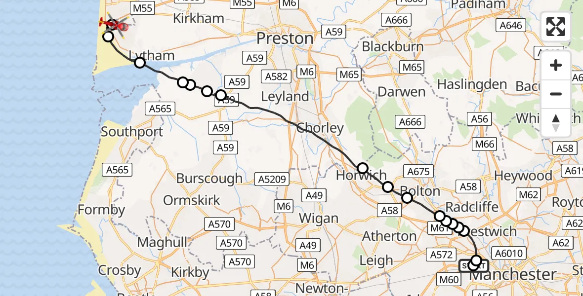 Flight route Air Ambulance Helicopter Eccles - Blackpool Airport, 28 May 2026, 12:27