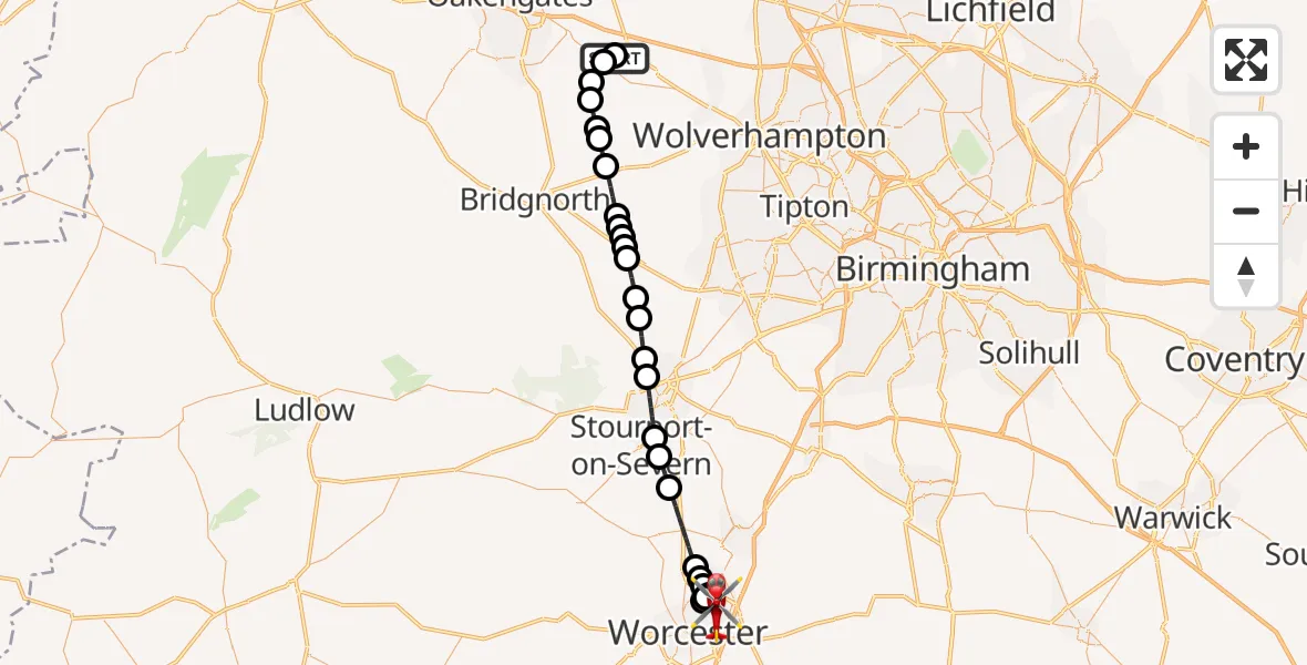 Flight route Air Ambulance Helicopter RAF Cosford - Worcester, 28 May 2026, 12:36