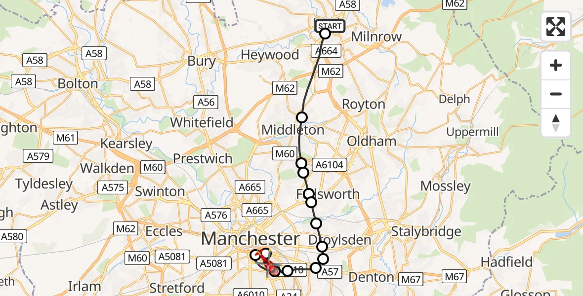 Flight route Air Ambulance Helicopter Rochdale - Chorlton-on-Medlock, 28 May 2026, 12:41