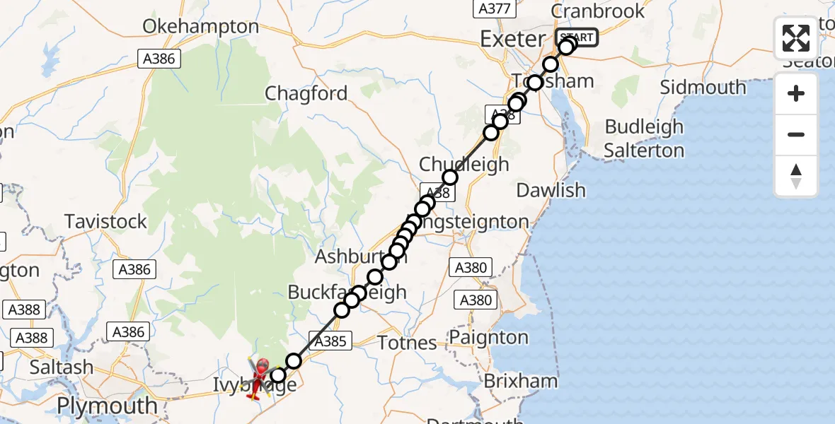 Flight route Air Ambulance Helicopter Exeter International Airport - South Hams, 28 May 2026, 12:41