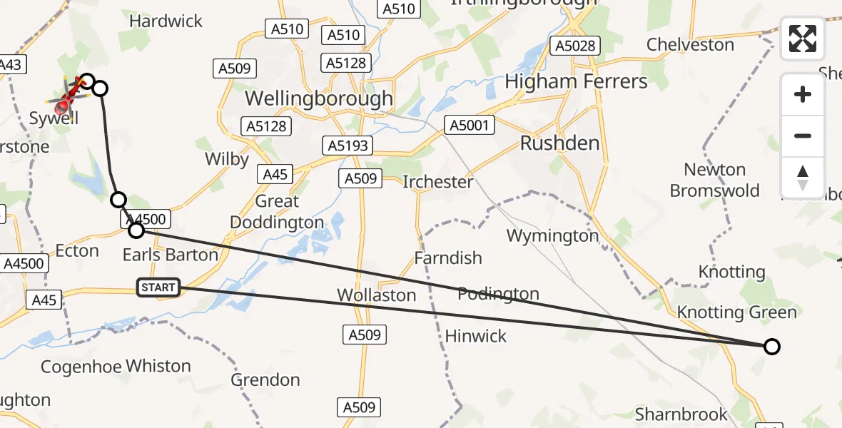 Flight route Air Ambulance Helicopter Earls Barton - Sywell Aerodrome, 28 May 2026, 12:41