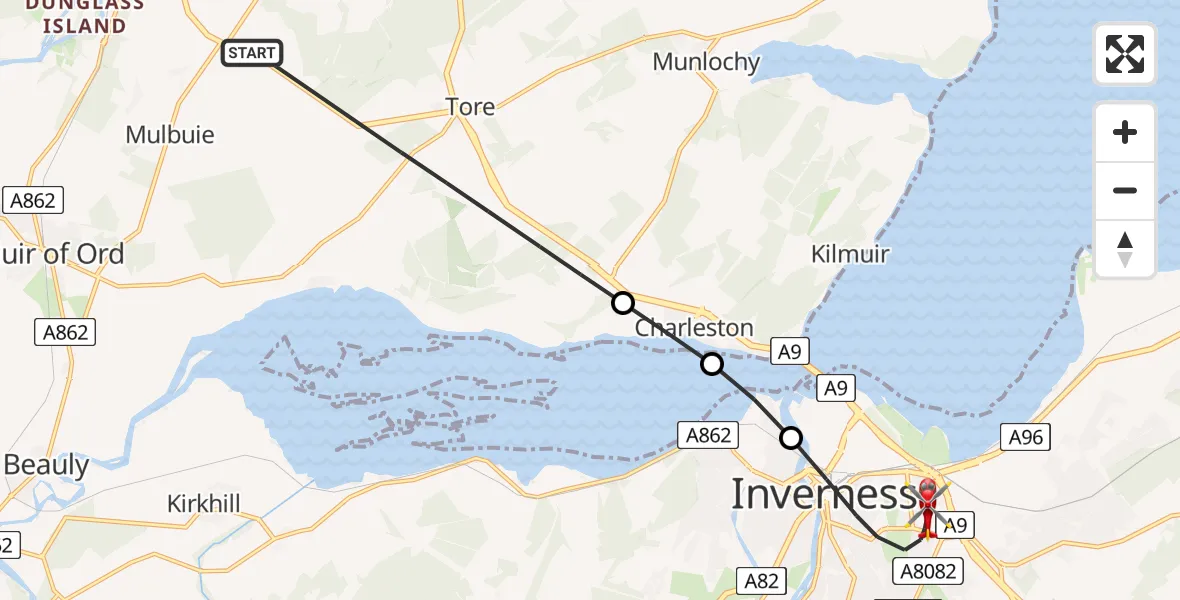 Flight route Air Ambulance Helicopter Tore - Inverness, 28 May 2026, 12:43