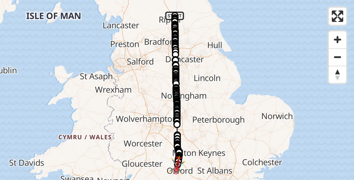 Flight route Air Ambulance Helicopter RAF Topcliffe - London Oxford Airport, 28 May 2026, 12:50