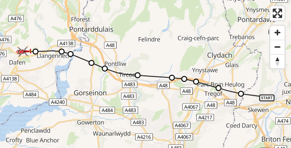 Flight route Air Ambulance Helicopter Neath Abbey - Dafen, 28 May 2026, 12:58