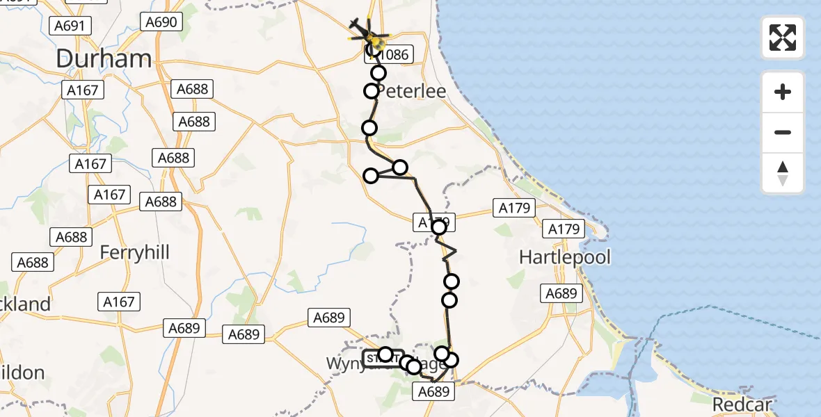 Flight route Police Helicopter Wynyard - Peterlee, 28 May 2026, 13:00